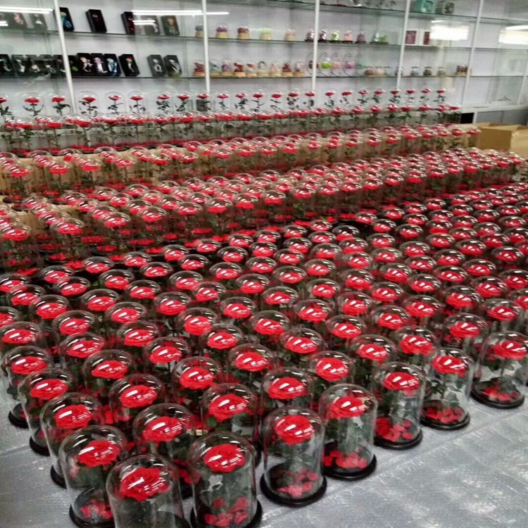 Rows of red rose glass domes in the supplied production photographs